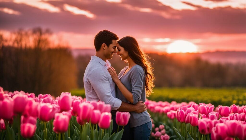 Amour naissant et appréciation avec les tulipes roses
