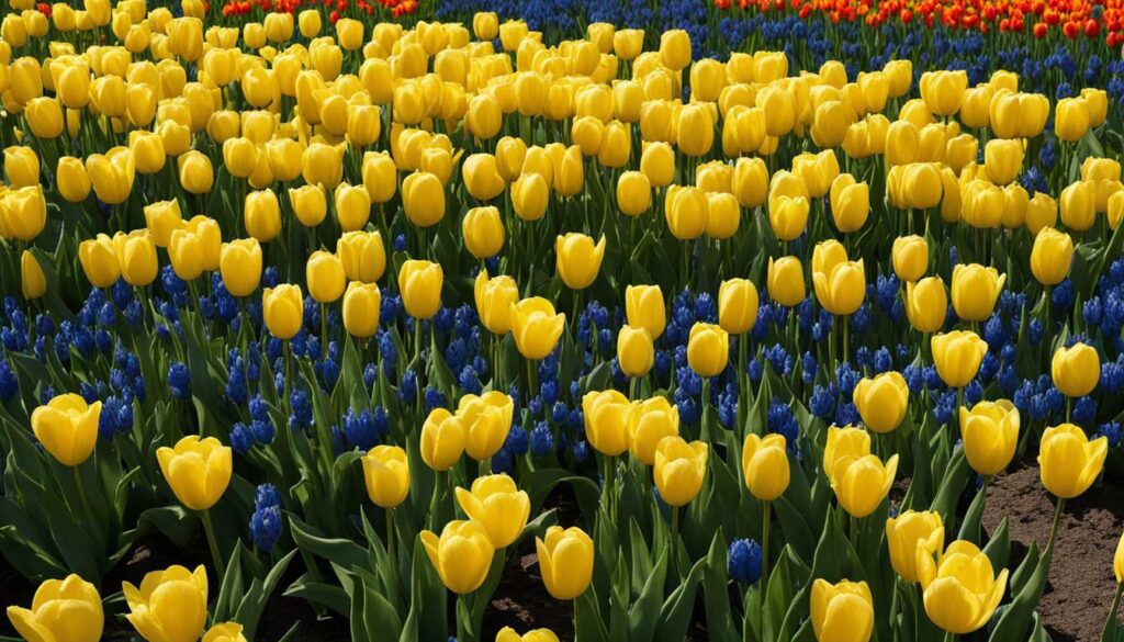 association de tulipes jaunes avec des fleurs aux tons bleus et blancs
