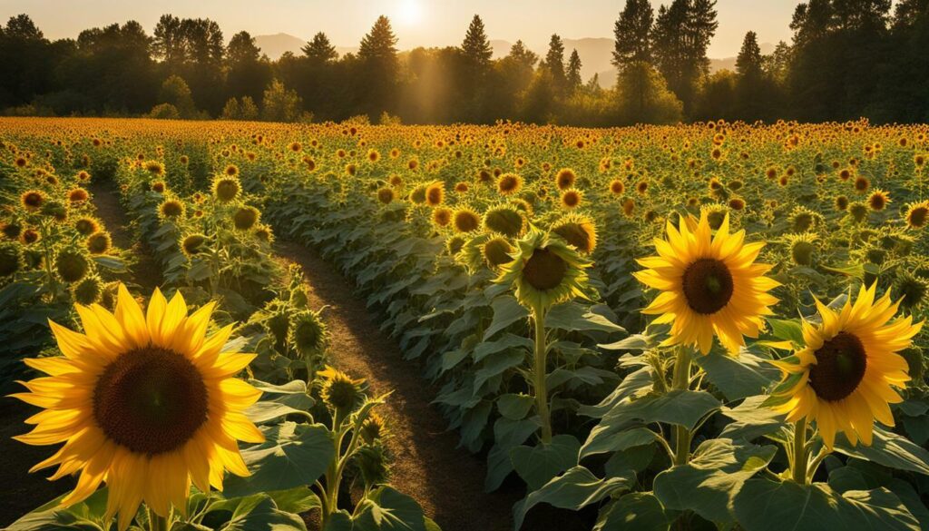 sunflowers staked in a garden